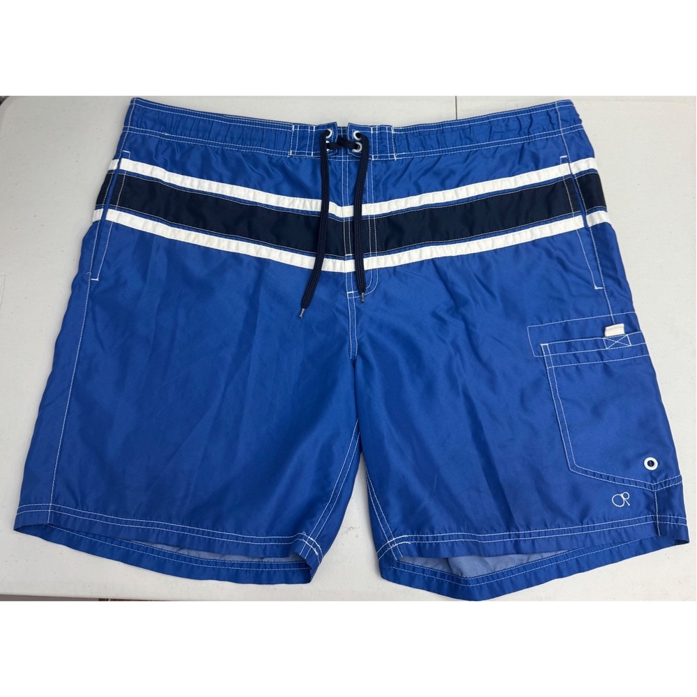 OP‎ Men's Board Shorts Swim Trunks Large 36-38 Blue Striped Mesh Liner 8" Inseam